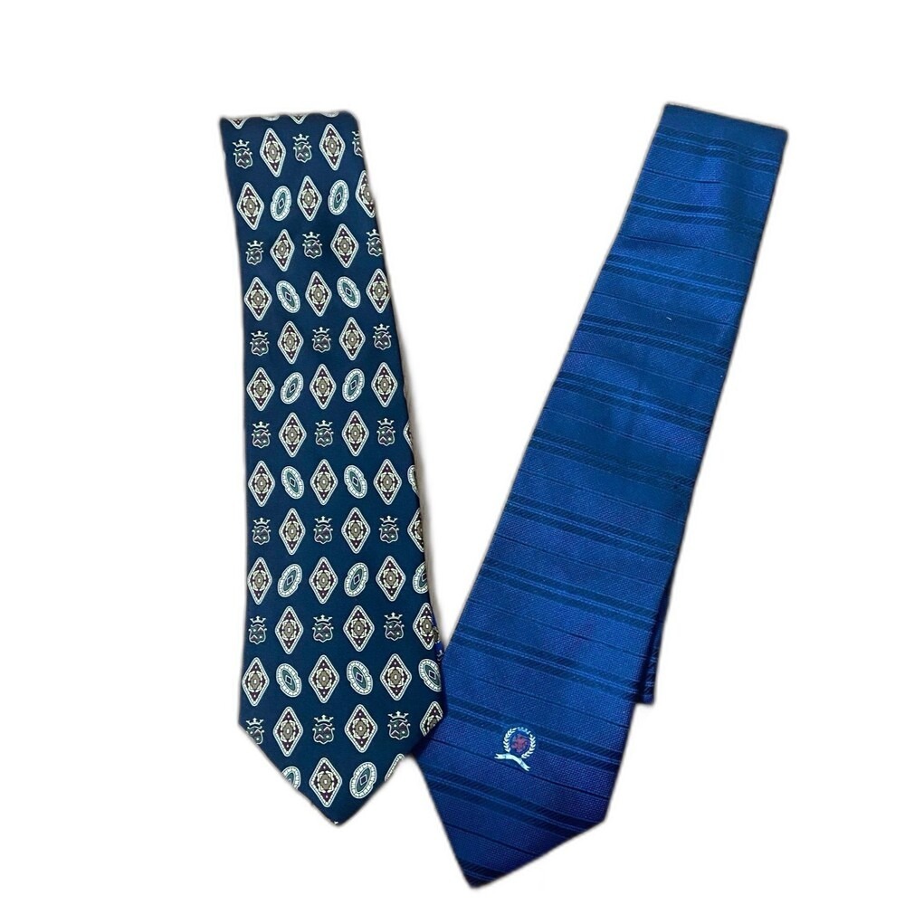Tommy‎ Hilfiger Mens Silk Tie Lot 2 Navy Blue Crest Geometric Striped Neckties